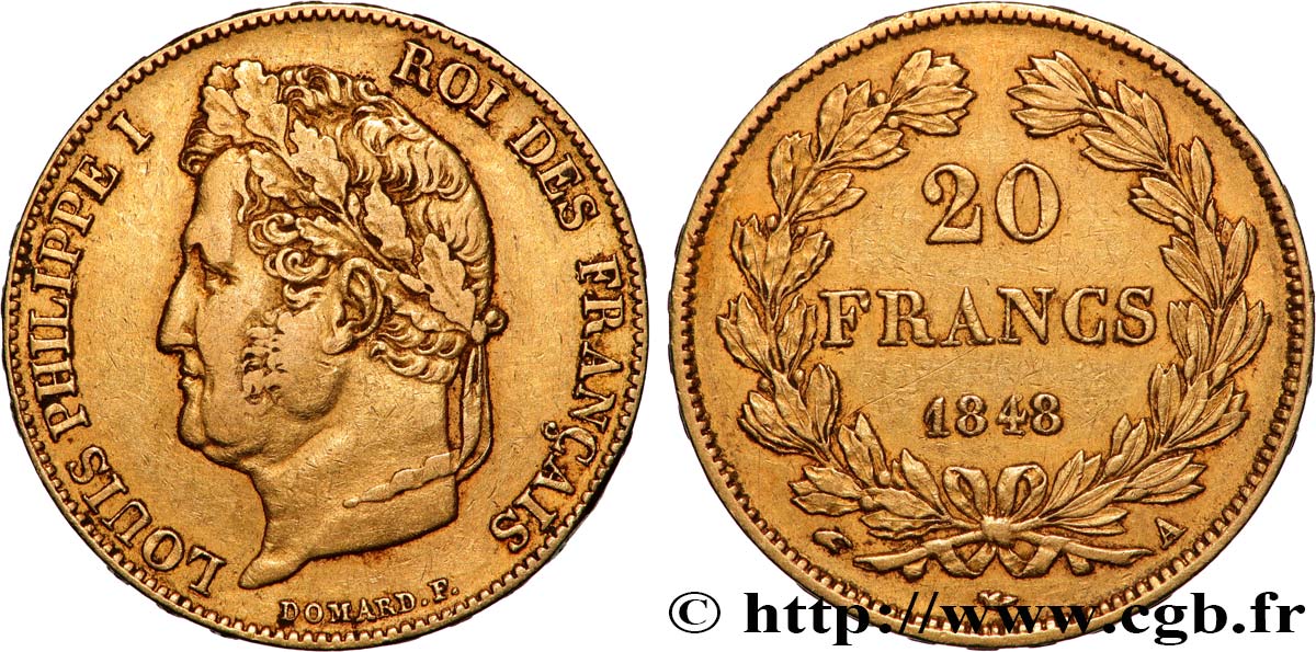 20 francs or Louis-Philippe, Domard 1848 Paris F.527/38 MBC 