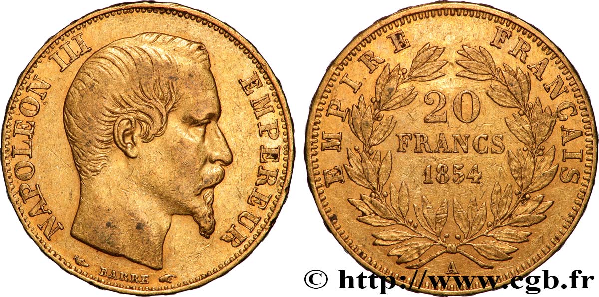 20 francs or Napoléon III, tête nue 1854 Paris F.531/2 MBC 