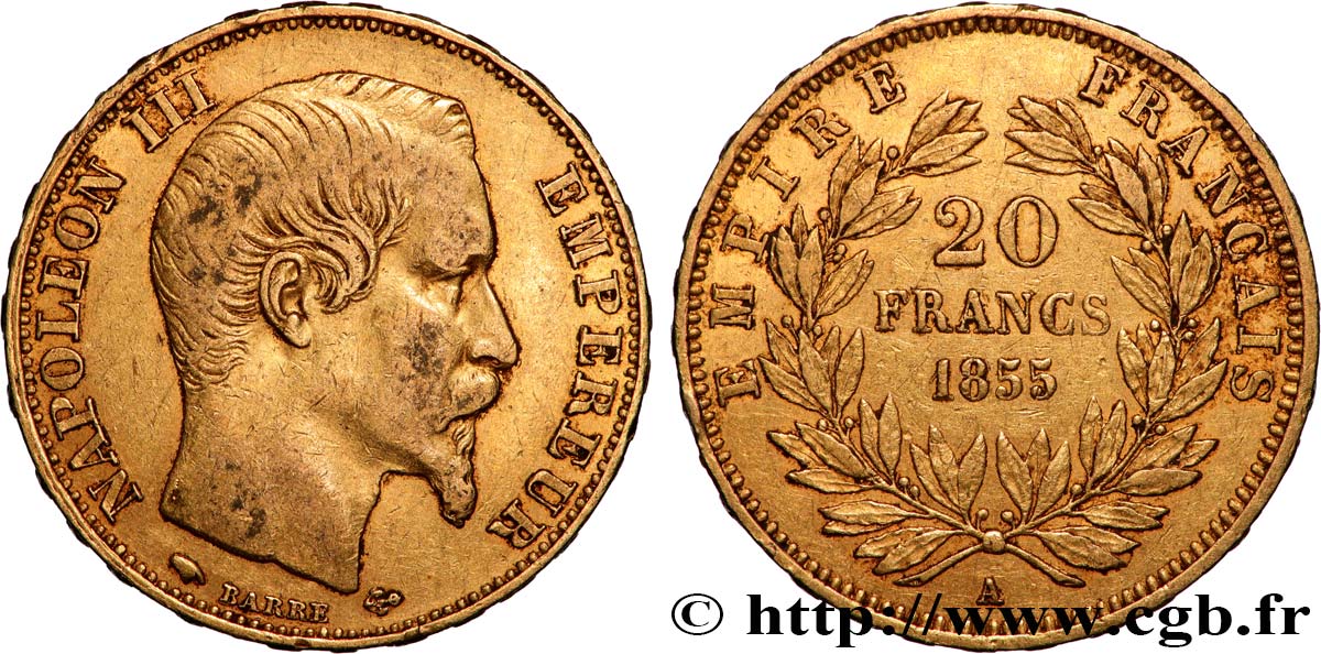 20 francs or Napoléon III, tête nue 1855 Paris F.531/4 TTB 