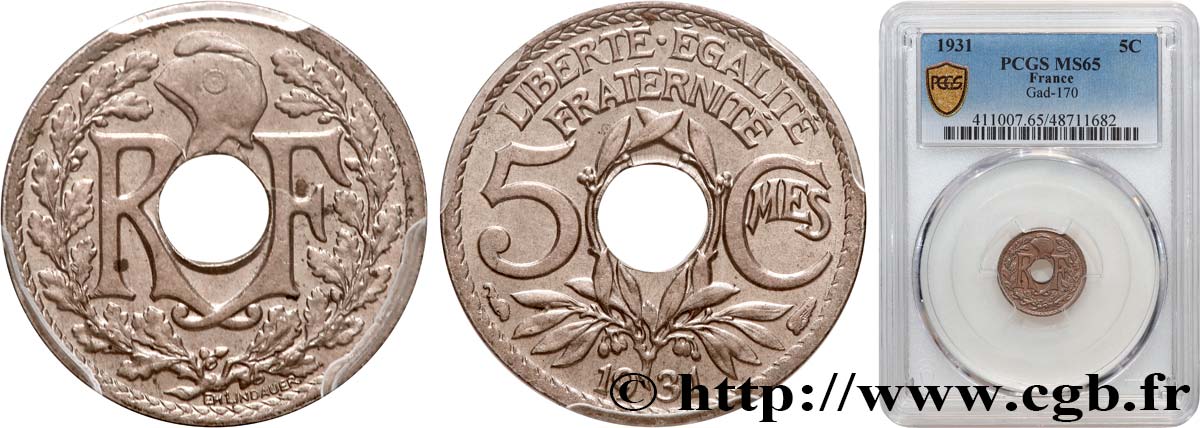 5 centimes Lindauer, petit module 1931 Paris F.122/14 MS65 PCGS