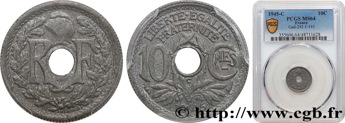 10 centimes Lindauer, petit module 1945 Castelsarrasin F.143/4 MS64 PCGS