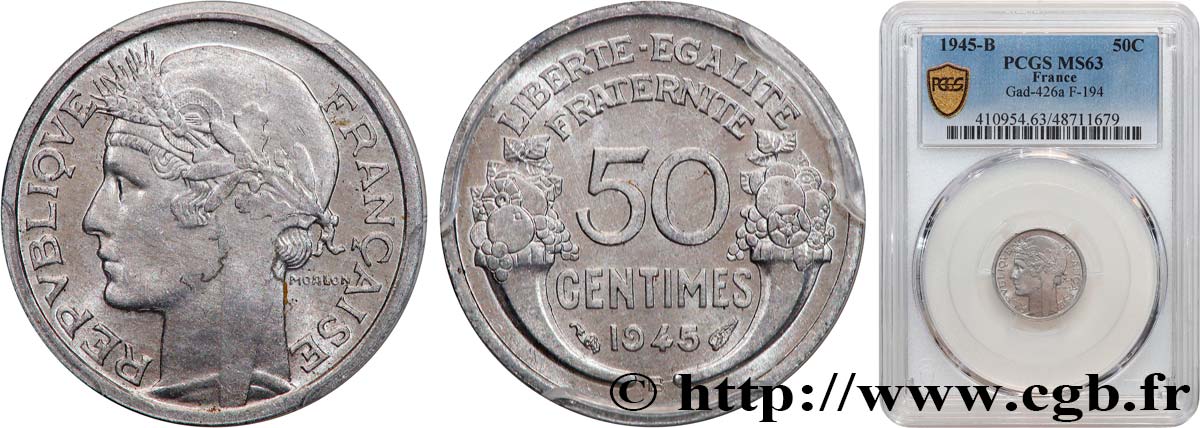 50 centimes Morlon, légère 1945 Beaumont-le-Roger F.194/6 MS63 PCGS
