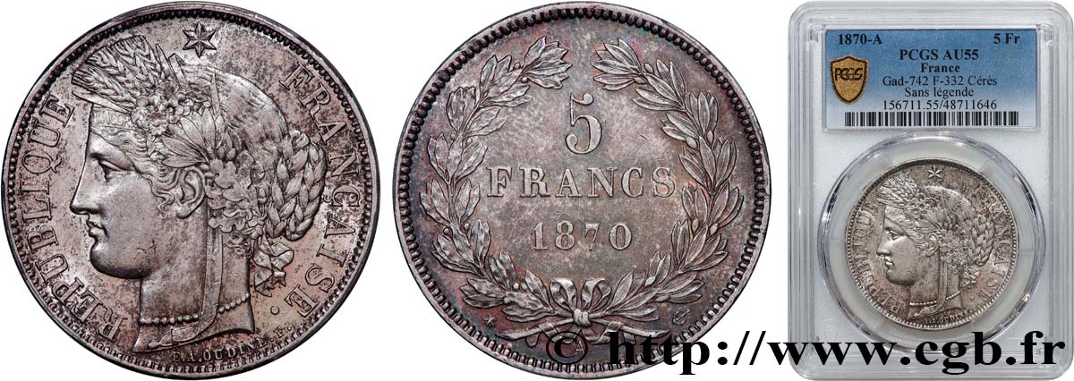 5 francs Cérès, sans légende 1870 Paris F.332/1 AU55 PCGS