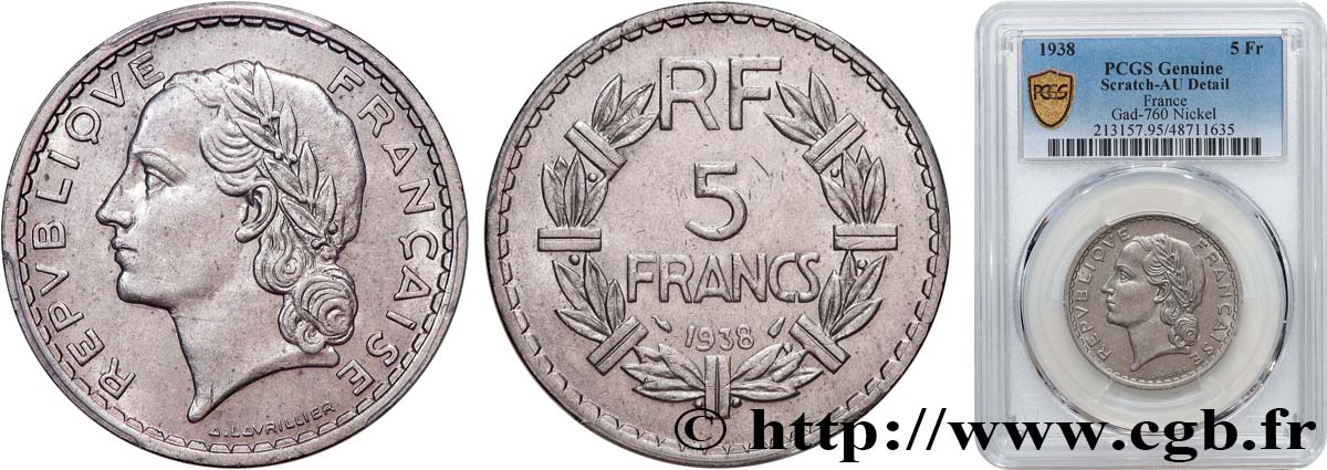 5 francs Lavrillier, nickel 1938  F.336/7 TTB+ PCGS