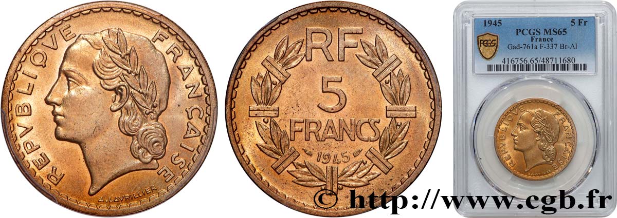 5 francs Lavrillier, bronze-aluminium 1945  F.337/5 MS65 PCGS
