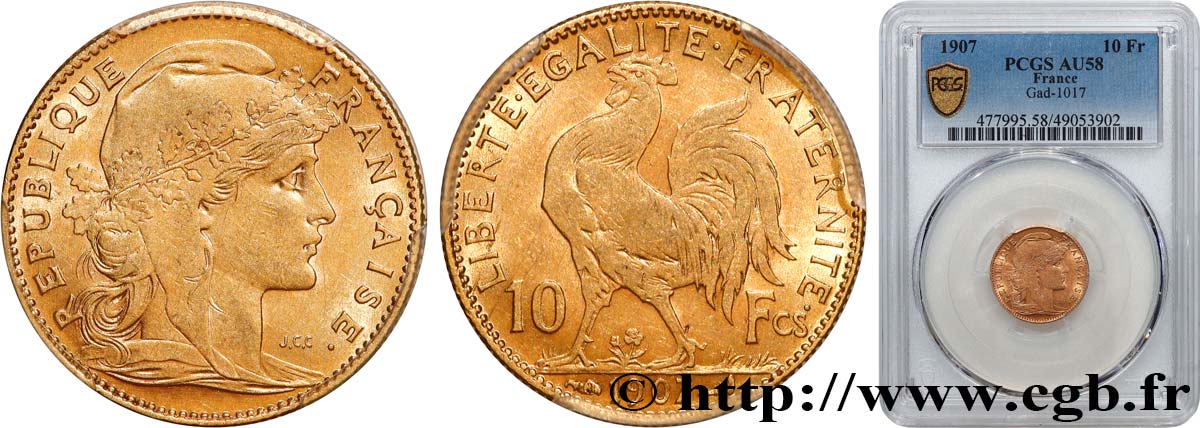 10 francs or Coq 1907 Paris F.509/8 AU58 PCGS