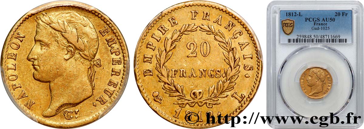 20 francs or Napoléon tête laurée, Empire français 1812 Bayonne F.516/24 TTB50 PCGS