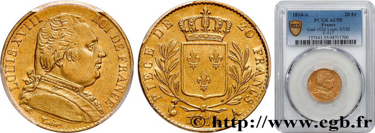 20 francs or Louis XVIII, buste habillé 1814 Paris F.517/2 SUP55 PCGS