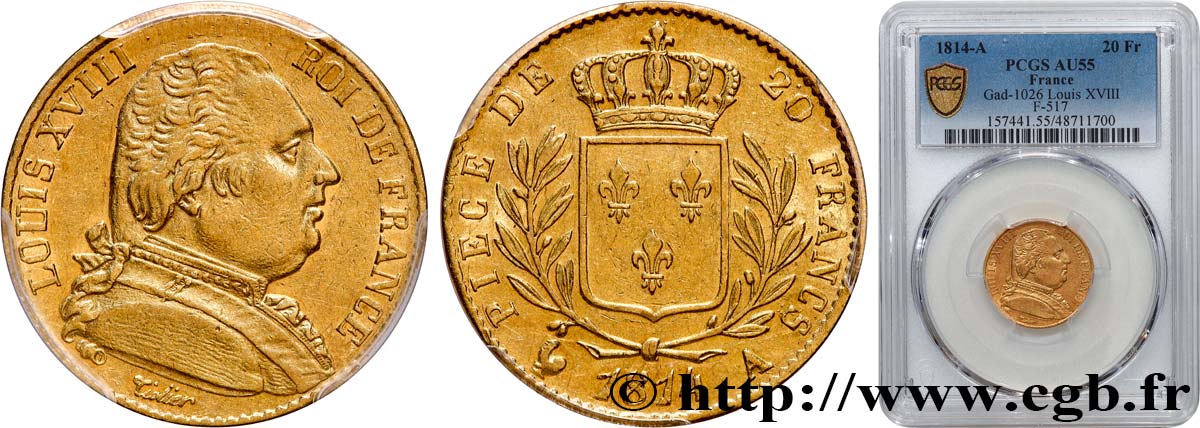 20 francs or Louis XVIII, buste habillé 1814 Paris F.517/2 SPL55 PCGS