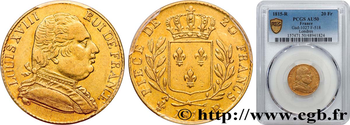 20 francs or Londres 1815 Londres F.518/1 SS50 PCGS