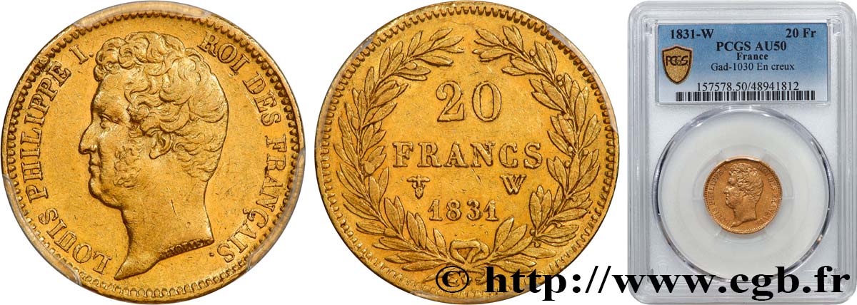 20 francs or Louis-Philippe, Tiolier, tranche inscrite en creux 1831 Lille F.524/4 AU50 PCGS