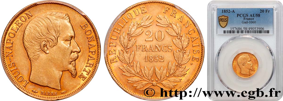 20 francs or Louis-Napoléon 1852 Paris F.530/1 VZ58 PCGS