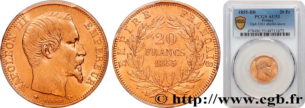 20 francs or Napoléon III, tête nue, différent ancre 1855 Strasbourg F.531/6 AU53 PCGS