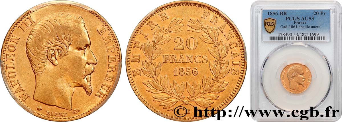 20 francs or Napoléon III, tête nue 1856 Strasbourg F.531/11 BB53 PCGS