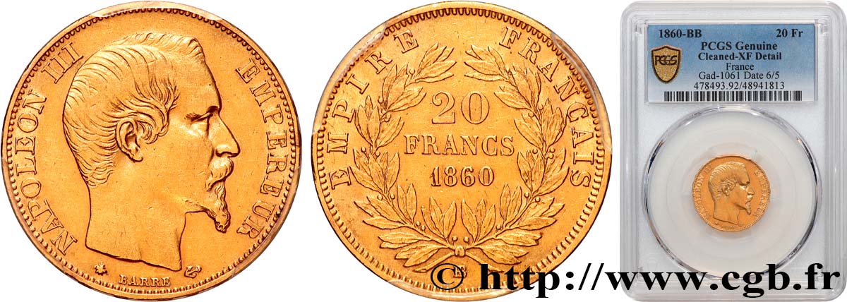 20 francs or Napoléon III, tête nue 1860 Strasbourg F.531/19 XF PCGS