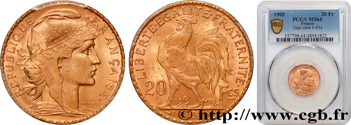 20 francs or Coq, Dieu protège la France 1905 Paris F.534/10 MS64 PCGS