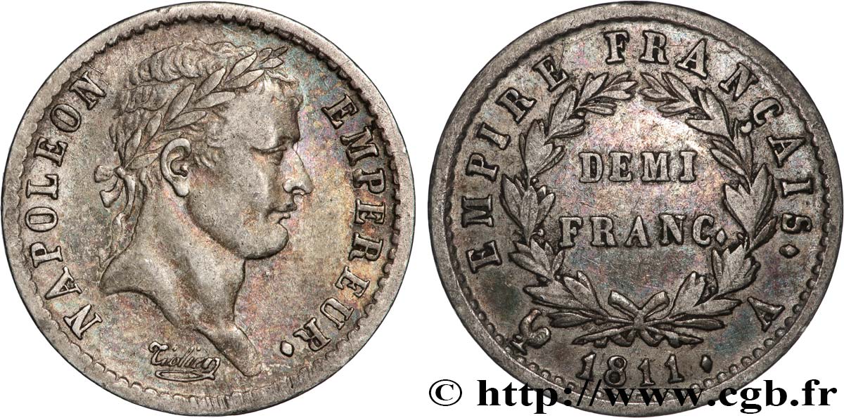 Demi-franc Napoléon Ier tête laurée, Empire français 1811 Paris F.178/21 XF 