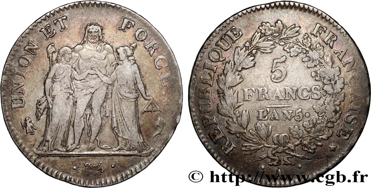 5 francs Union et Force, Union desserré, avec glands intérieurs et gland extérieur 1797 Paris F.291/5 TB+ 