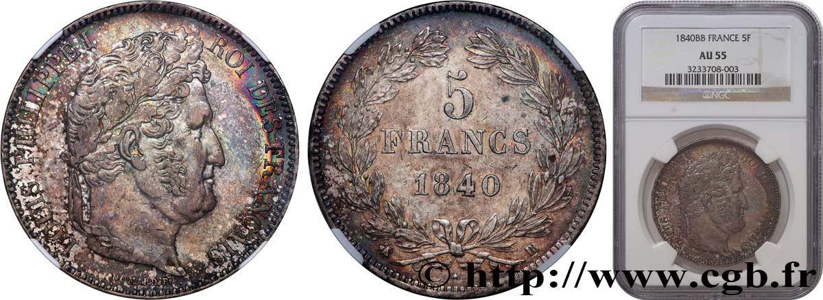 5 francs IIe type Domard 1840 Strasbourg F.324/85 AU55 NGC