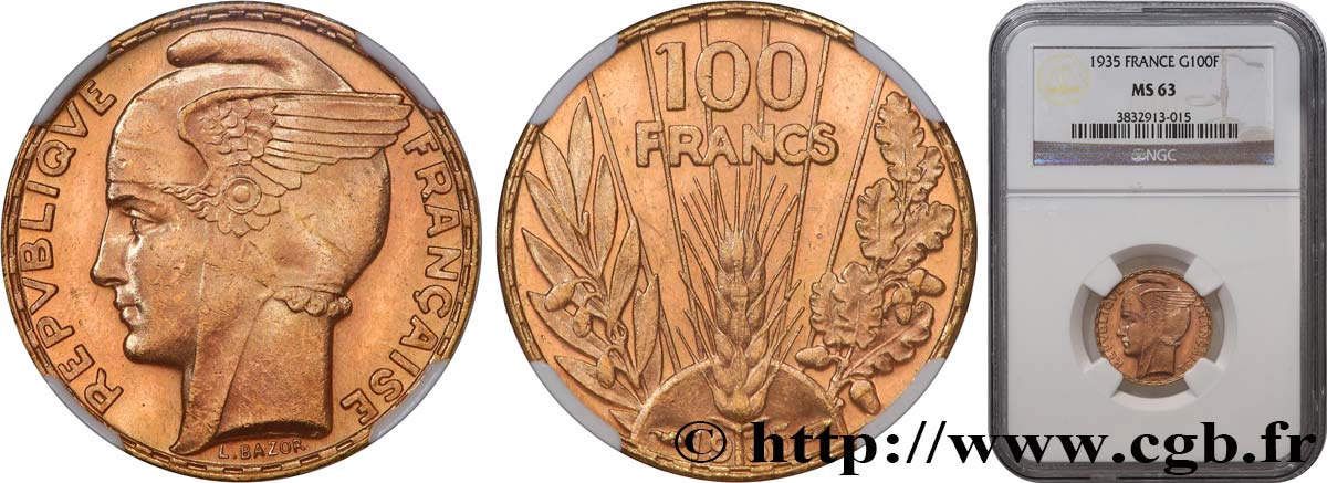 100 francs or, Bazor 1935 Paris F.554/6 MS63 NGC