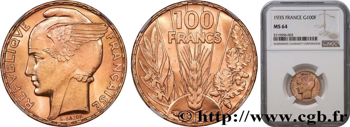100 francs or, Bazor 1935 Paris F.554/6 SPL64 NGC