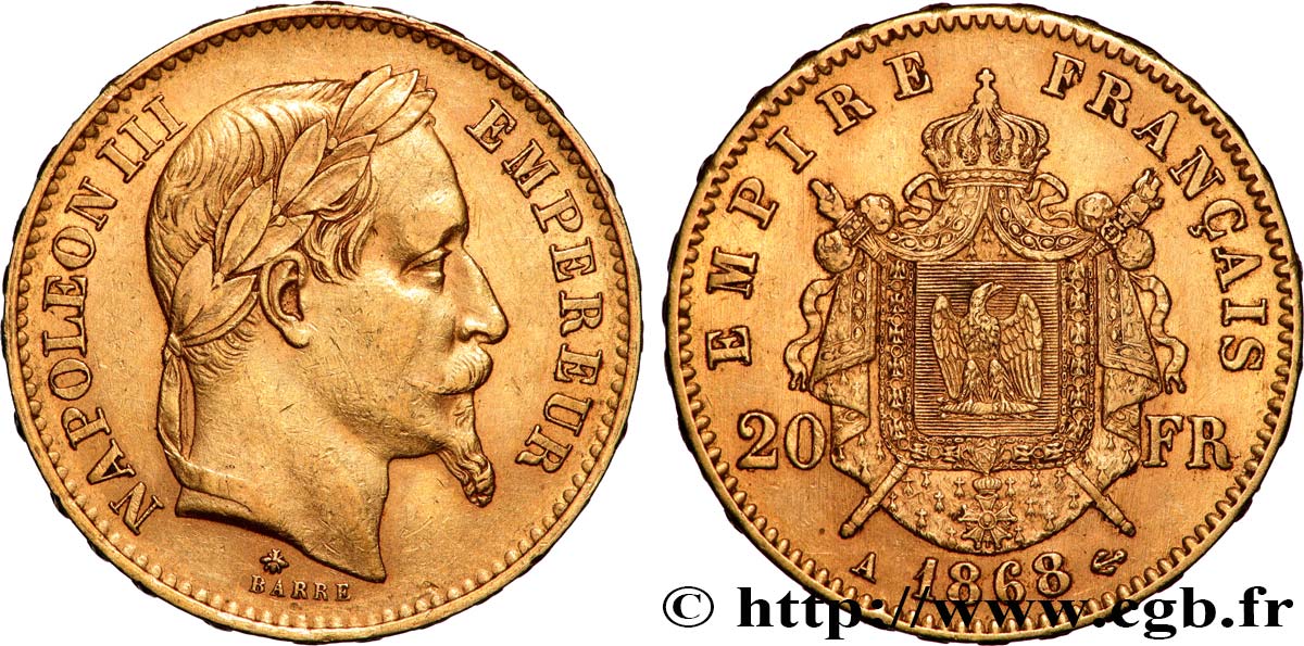 20 francs or Napoléon III, tête laurée 1868 Paris F.532/18 MBC 