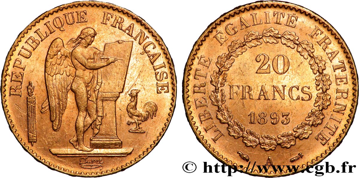 20 francs or Génie, Troisième République 1893 Paris F.533/17 EBC 