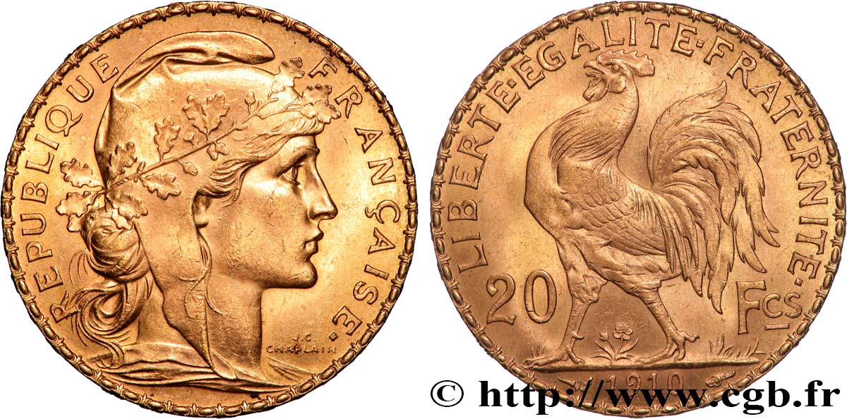 20 francs or Coq, Liberté Égalité Fraternité 1910 Paris F.535/4 SPL+ 