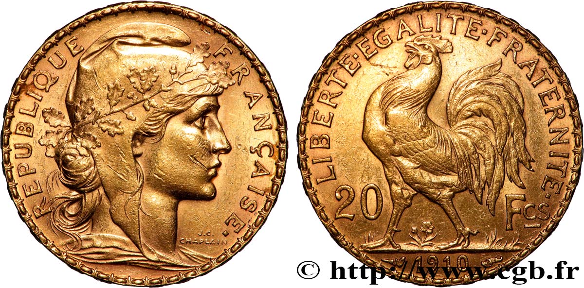 20 francs or Coq, Liberté Égalité Fraternité 1910 Paris F.535/4 TTB 