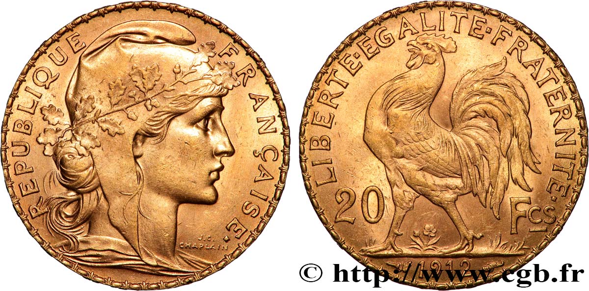 20 francs or Coq, Liberté Égalité Fraternité 1912 Paris F.535/6 SUP 