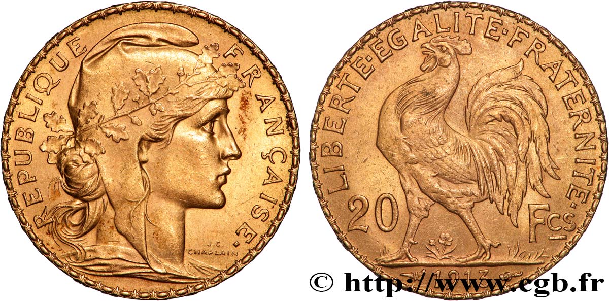 20 francs or Coq, Liberté Égalité Fraternité 1913 Paris F.535/7 AU 