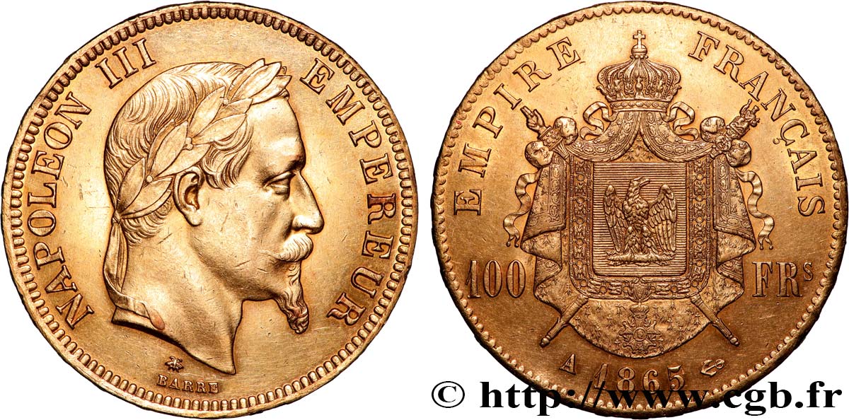 100 francs or Napoléon III, tête laurée 1865 Paris F.551/5 EBC 