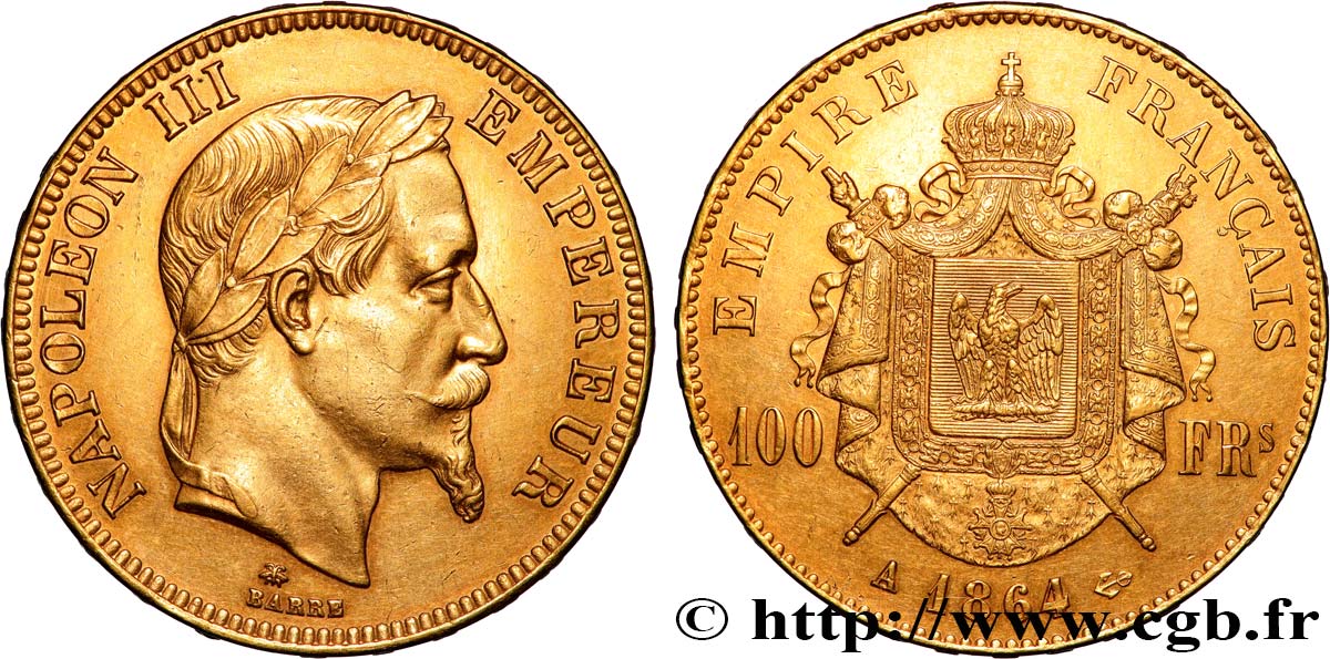 100 francs or Napoléon III, tête laurée 1864 Paris F.551/4 SPL 
