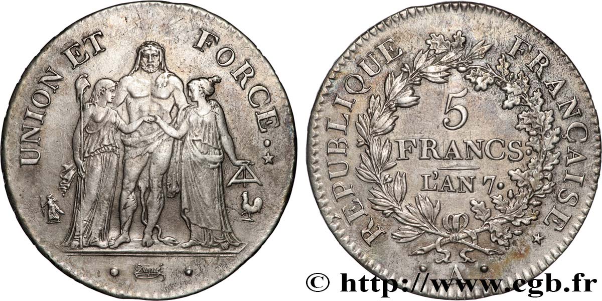 5 francs Union et Force, Union serré, seulement gland extérieur 1799 Paris F.288/98 AU 