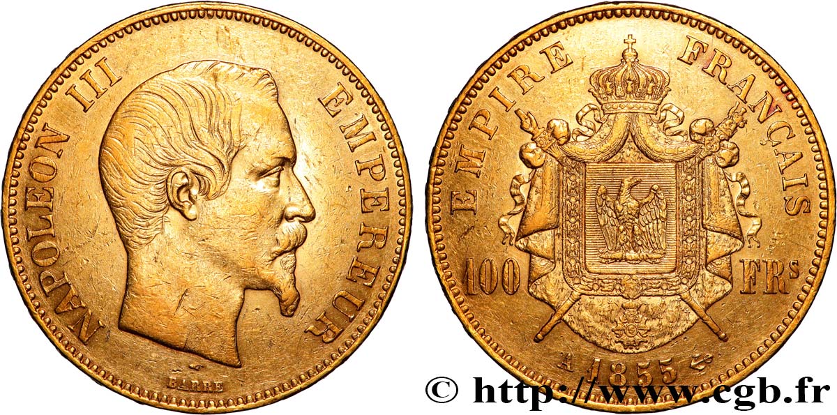 100 francs or Napoléon III, tête nue 1855 Paris F.550/1 TTB 