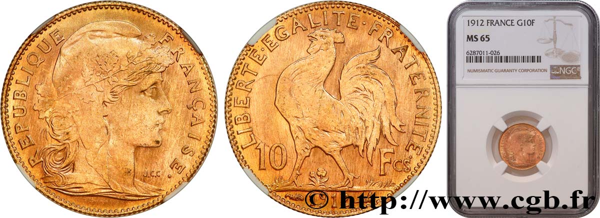 10 francs or Coq 1912 Paris F.509/13 MS65 NGC
