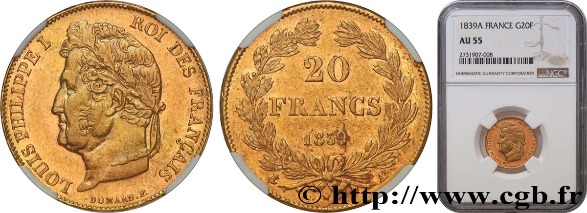 20 francs Louis-Philippe, Domard 1839 Paris F.527/20 AU55 NGC