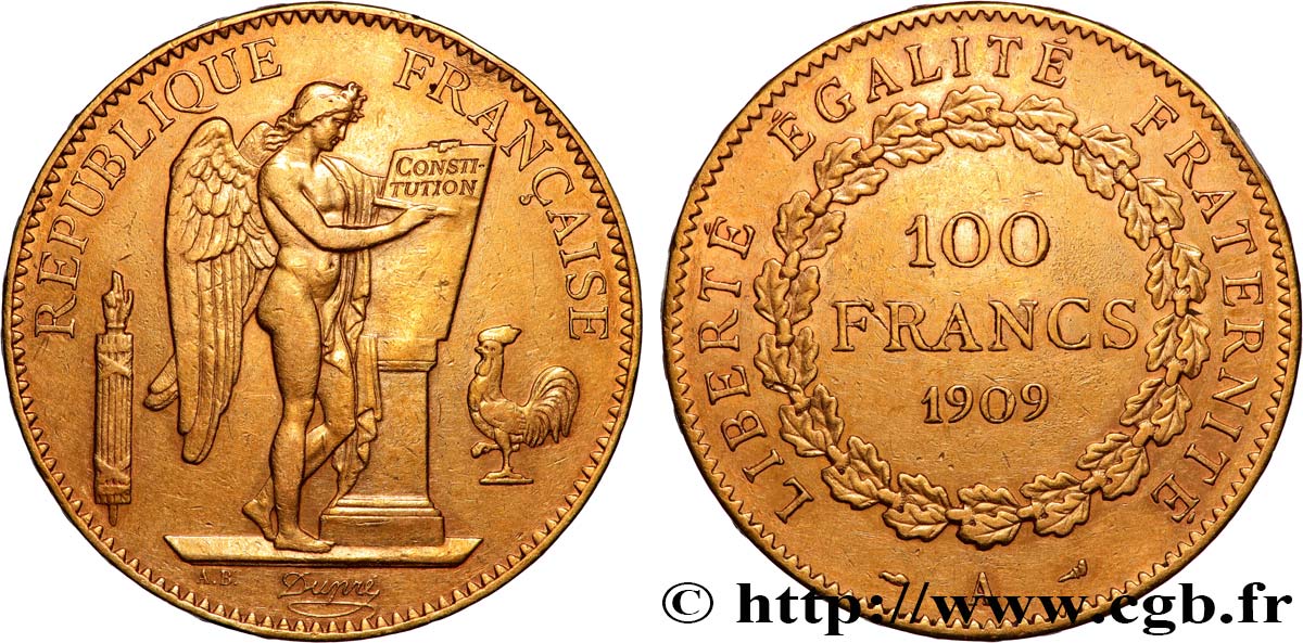 100 francs or Génie, tranche inscrite en relief Liberté Égalité Fraternité 1909 Paris F.553/3 AU 