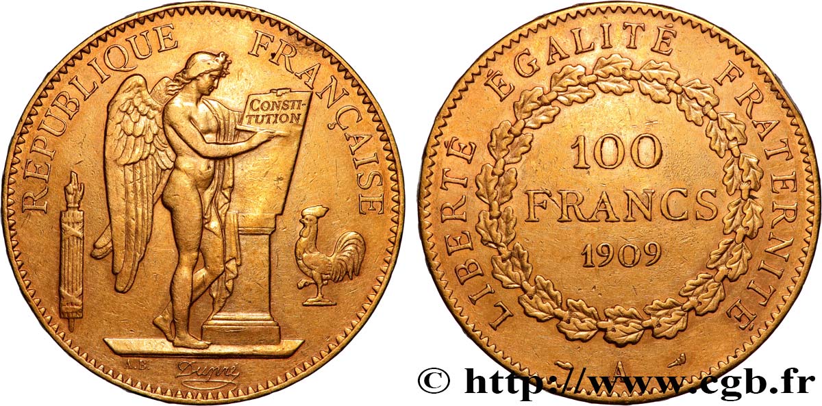 100 francs or Génie, tranche inscrite en relief Liberté Égalité Fraternité 1909 Paris F.553/3 TTB+ 