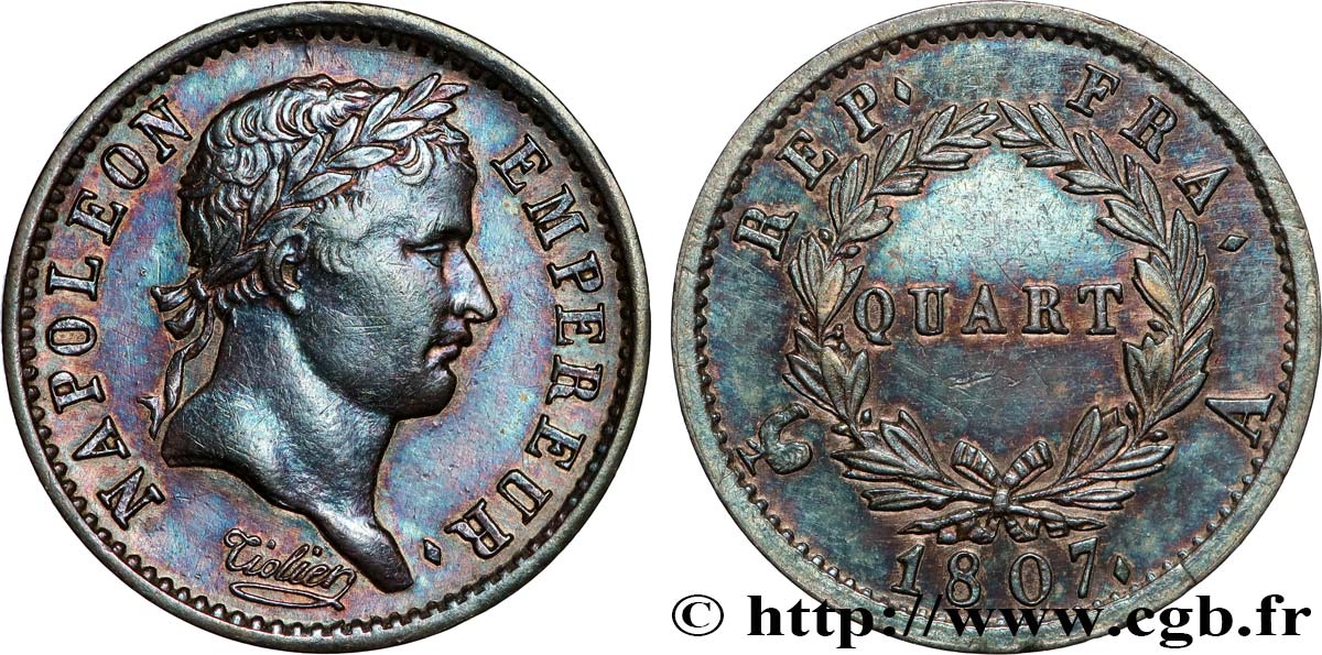 Quart (de franc) Napoléon Ier tête laurée, République française 1807 Paris F.161/1 TTB+ 