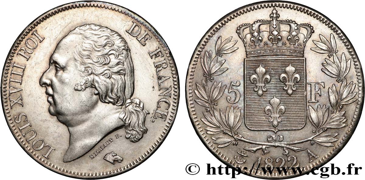5 francs Louis XVIII, tête nue 1822 Paris F.309/68 MS 