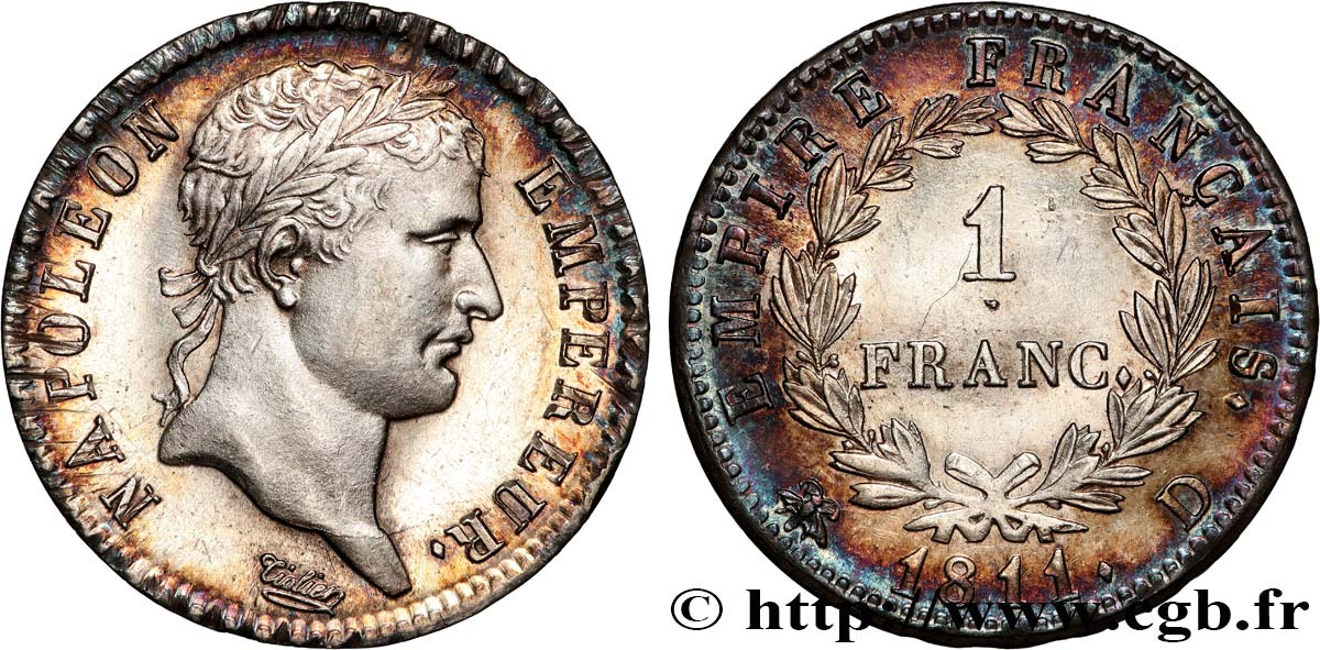 1 franc Napoléon Ier tête laurée, Empire français 1811 Lyon F.205/31 AU 