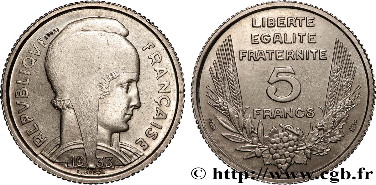 Essai de 5 francs Bazor en nickel 1933  F.335/1 AU 