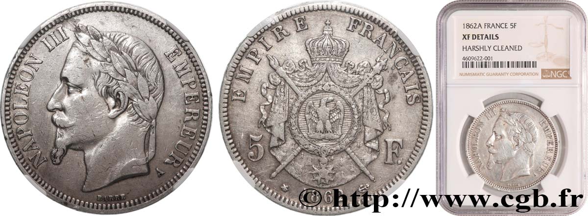 5 francs Napoléon III, tête laurée 1862 Paris F.331/3 TTB NGC
