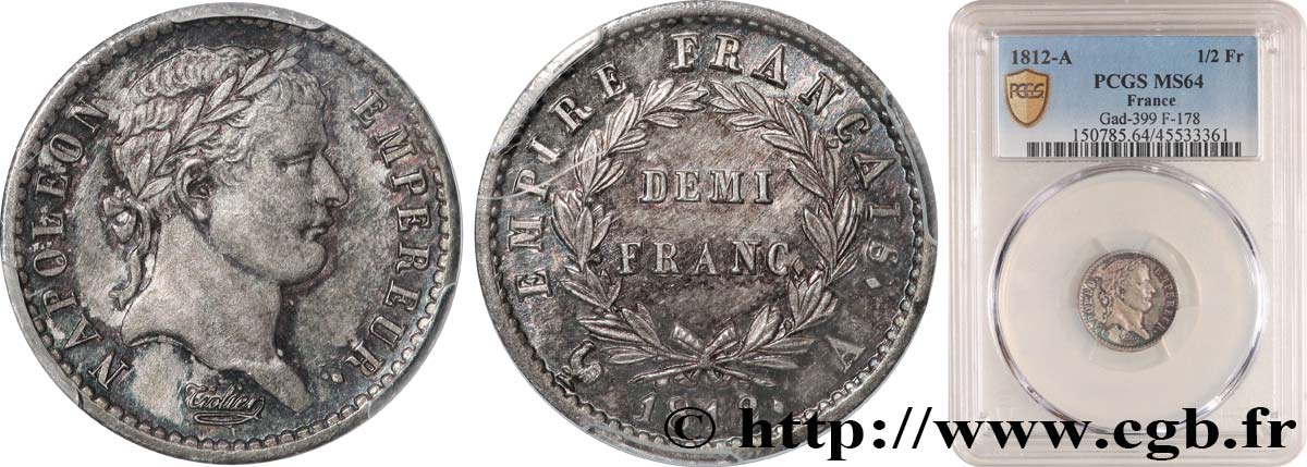 Demi-franc Napoléon Ier tête laurée, Empire français 1812 Paris F.178/35 SPL64 PCGS