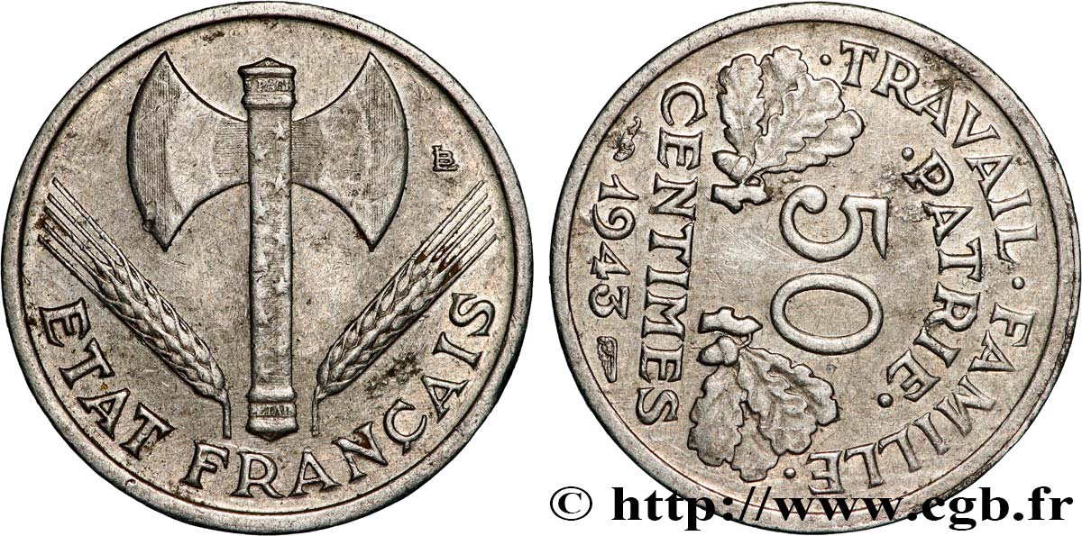 50 centimes Francisque, légère, Fautée coins tournés +19 min/+114° 1943  F.196/2 var. XF 