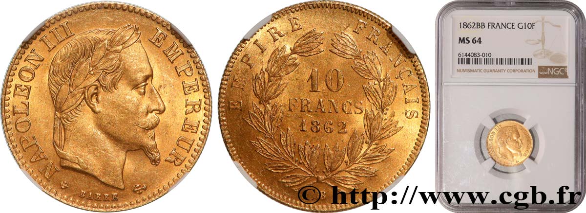 10 francs or Napoléon III, tête laurée, petit 10 1862 Strasbourg F.507/2 MS64 NGC