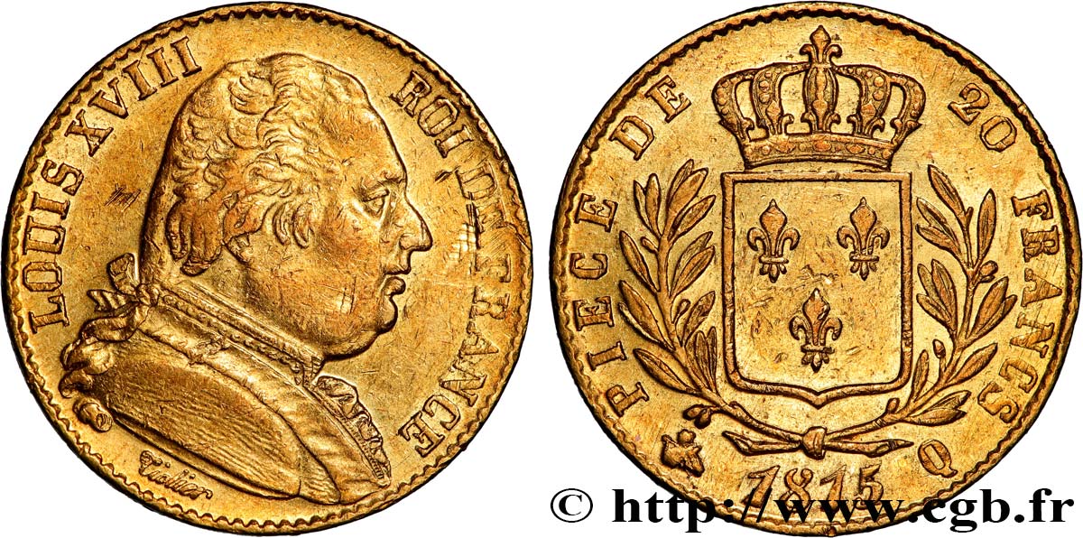 20 francs or Louis XVIII, buste habillé 1815 Perpignan F.517/16 TTB 