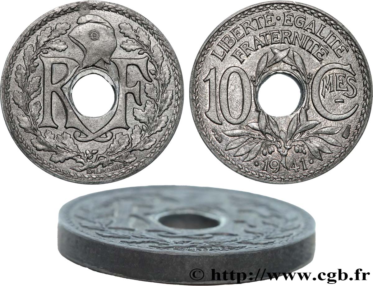 Piéfort de 10 centimes Lindauer en zinc, Cmes souligné et millésime avec points, sans le mot ESSAI 1941 Paris GEM.42 P1 MS 
