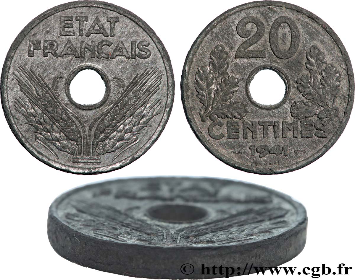 Essai-piéfort de 20 centimes État français 1941 Paris GEM.52 EP MBC 